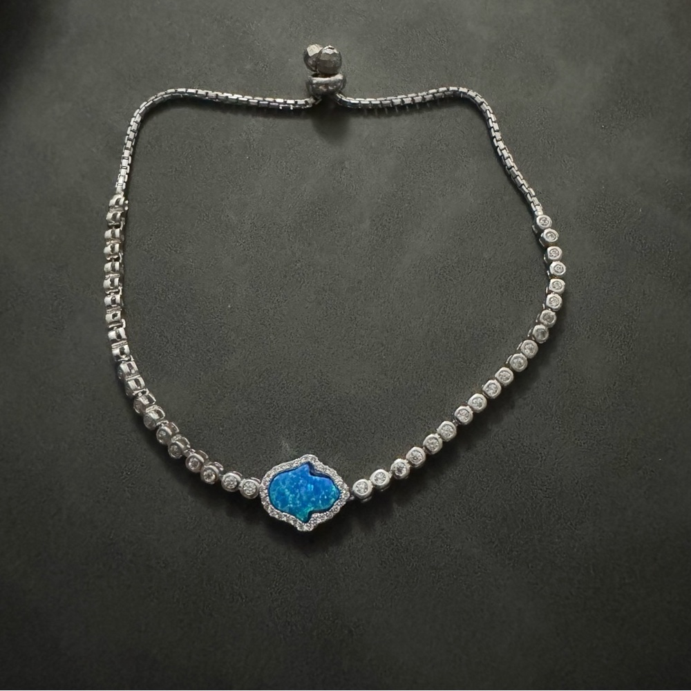 Blue Opal Hamsa Bracelet 925 Sterling Silver Adjustable Bracelet